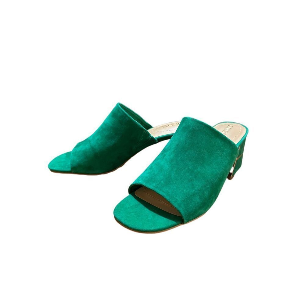 Chico’s Green Suede Open Toe Block Heel Mules Sz 9